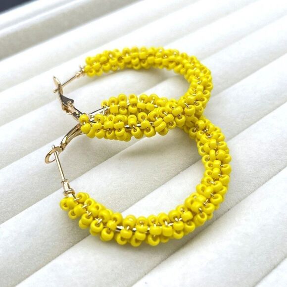 Yellow Gold Wire Wrapped Yellow Beaded Open Round Hinged Post Hoop Earrings - Picture 7 of 9